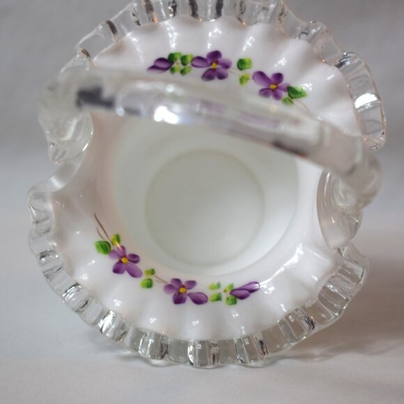 Vintage Fenton Silver Crest Milk Glass Basket Hand Painted  Violets In The Snow - Picture 7 of 7